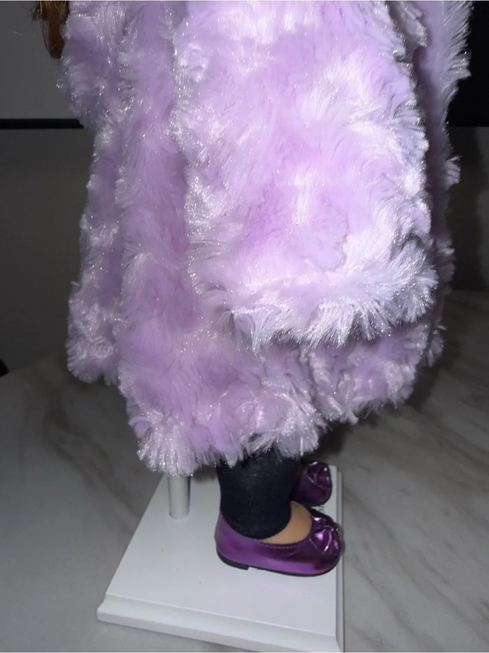 18” doll light purple shirt furry jacket sparkle shoes & denim cotton leggings